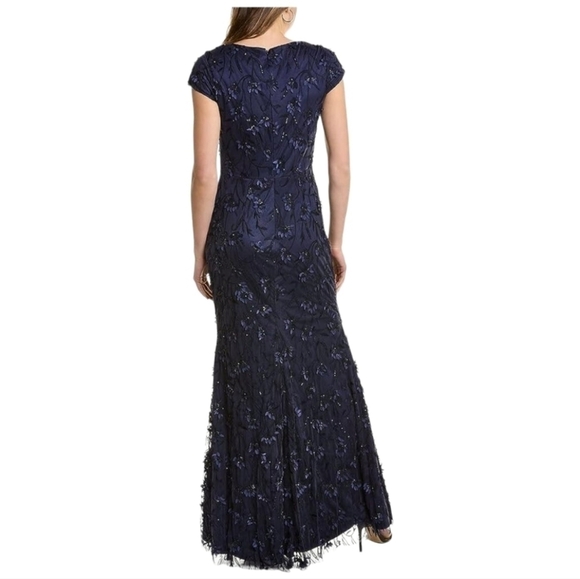 Theia NWT $1095 Bree Cap-Sleeve Floral Beaded Evening Gown Navy Blue size 8 - Picture 3 of 15